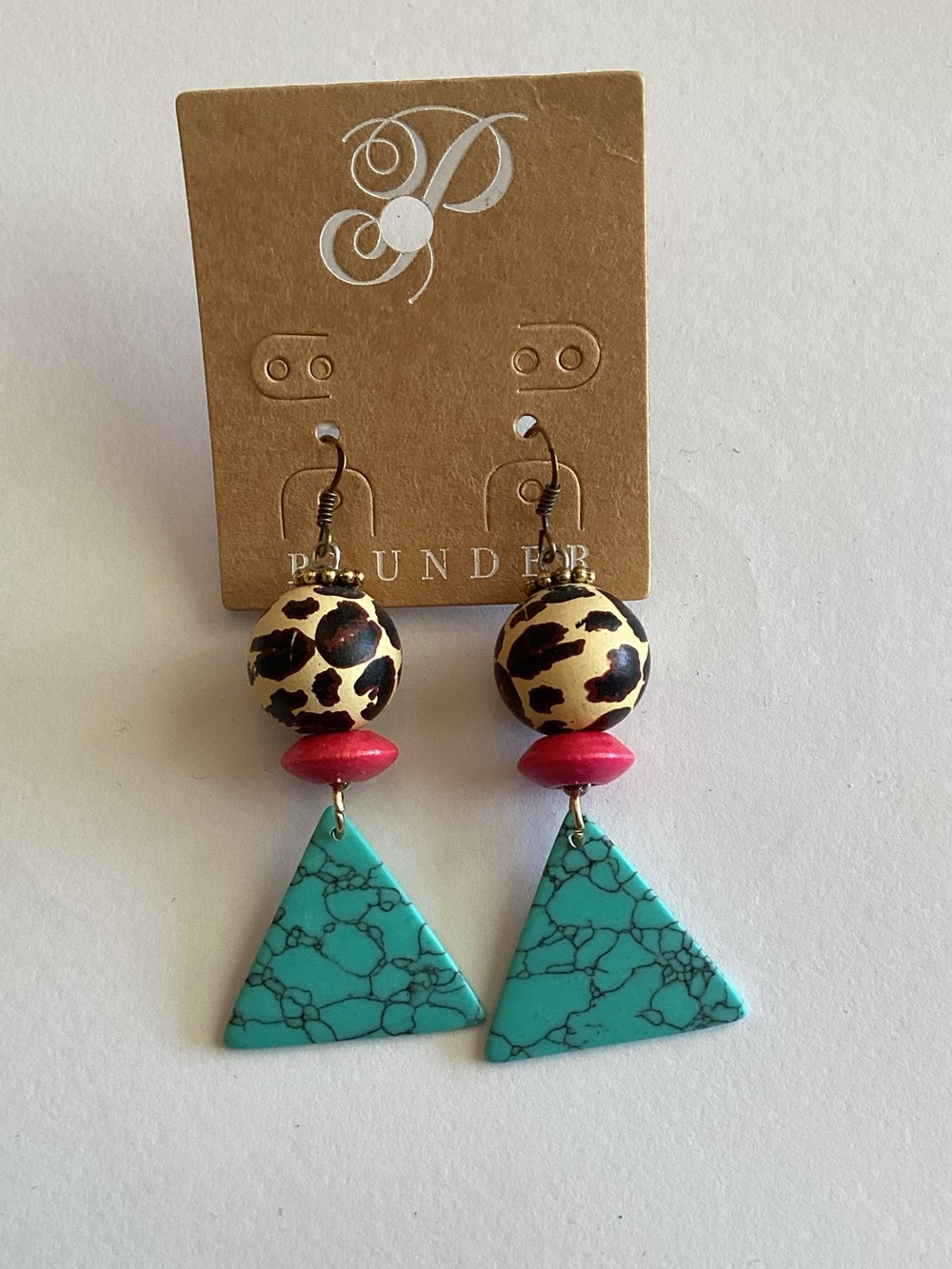 Plunder Turquoise Triangle, Leopard‎ & Red Bead Drop Earrings